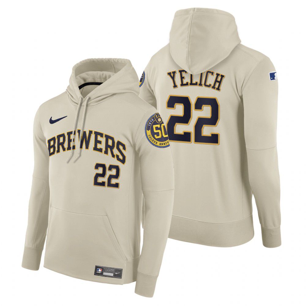 Men Milwaukee Brewers #22 Yelich cream home hoodie 2021 MLB Nike Jerseys